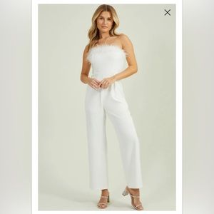 Brand new without tags super cute bridal/bachelorette ostrich feather jumpsuit.